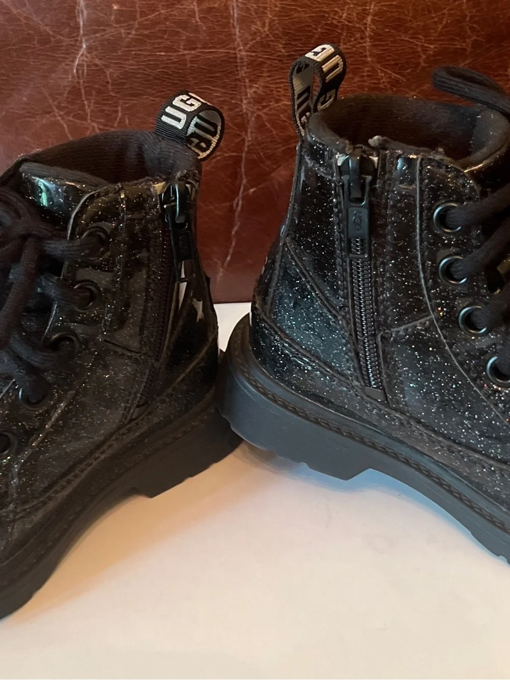 UGG Kids Black Robley Glitter Combat Lace Zipper Boots Sz 8